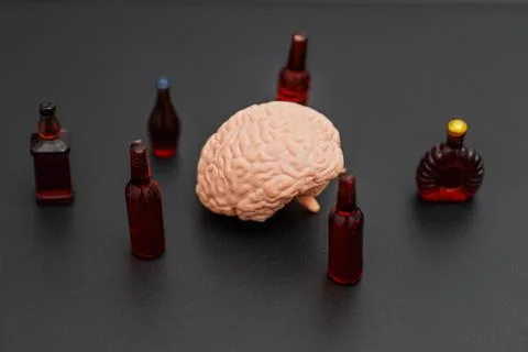 Brain Model Surrounded By Bottles Representing Alcohol Consumption 스톡 사진
