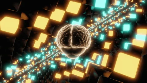 A brain moves through a tunnel of moving glowing blocks. Visual noise Stock Footage 151580017