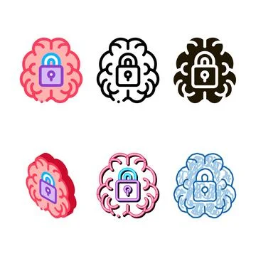 Brain multipack and locked padlock icon outline Stock Illustration