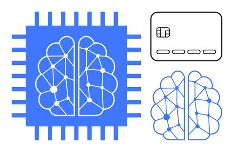 Brain network connected to microchip, credit card with chip. Ideal for techno Illustrazione stock