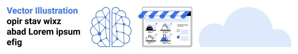 Brain network diagram connected to digital nodes, online store interface with Stock Illustration