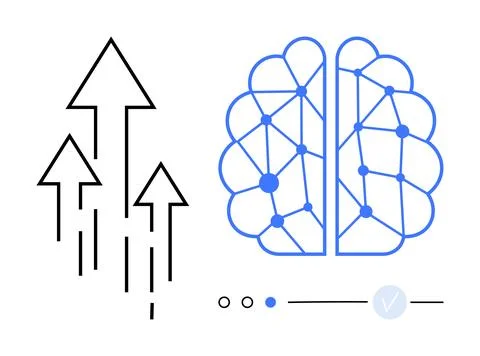 Brain with network of nodes and connectors next to upward arrows indicating p イラスト素材