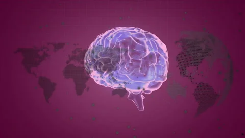 Brain with neural connections animation over world map with data points Stock Footage 303685352