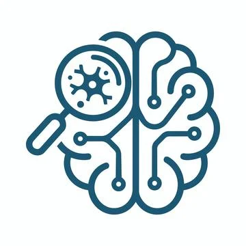 Brain neural network analysis icon with magnifying glass magnifying analysis Stock Illustration