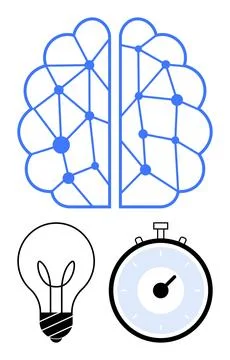 Brain Neural Network, Lightbulb, and Stopwatch for Creativity and Efficienc.. Stock Illustration