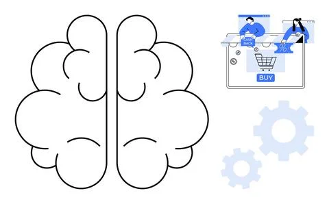 Brain with Online Shopping Elements and Gears Representing Digital Decision.. イラスト素材