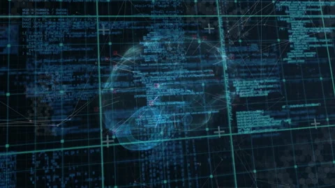 Brain outline emerging on grid, rotating into 3D hologram mapping code and nodes Stock Footage 311901787