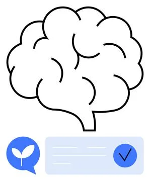 Brain outline with a leaf in speech bubble and tick mark in blue box symbol.. Stock Illustration
