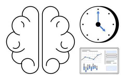 Brain outline symbolizes cognition. Clock represents time. Data dashboard sho Stock Illustration