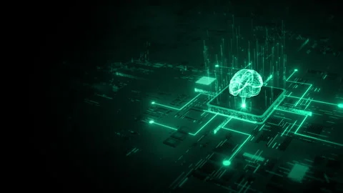 Brain over computer chip on circuit board. Chatbot and learning modern Stock Footage 254044146