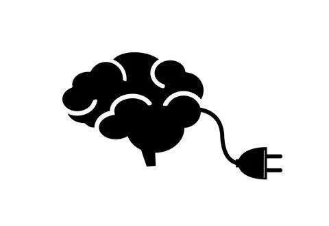 Brain with plug, charging vector black icon Stock Illustration
