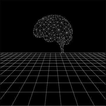 Brain polygonal lines on the Synthwave vaporwave, perspective grids Illustrazione stock
