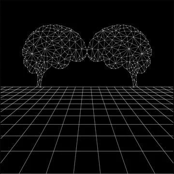 Brain polygonal lines on the Synthwave vaporwave, perspective grids Ilustración de archivo