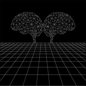 Brain polygonal lines on the Synthwave vaporwave, perspective grids Stock Illustration