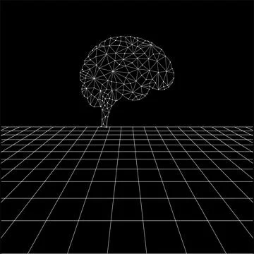 Brain polygonal lines on the Synthwave vaporwave, perspective grids Illustrazione stock