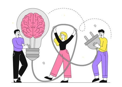 Brain power switch. Man and woman with electric plug near brain. Metaphor of Stock Illustration
