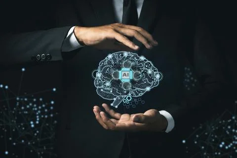 Brain with printed circuit board PCB design and businessman representing ar.. Stock Photos