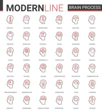 Brain process flat thin red black line icons vector illustration set with human Stock Illustration