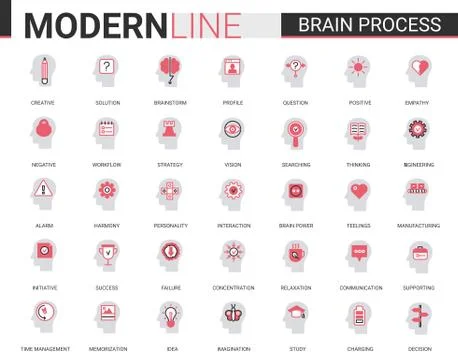 Brain process flat thin red black line icons vector illustration set with human Stock Illustration