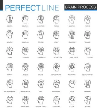 Brain process thin line web icons set. Imagination and mind power outline stroke Stock Illustration