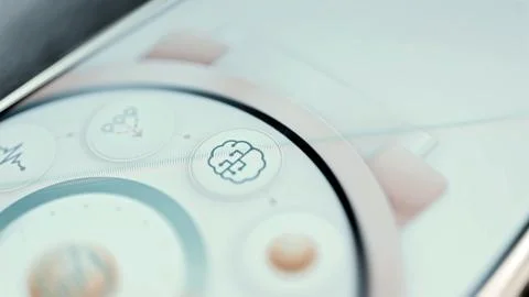 Brain processor icon inside round button Stock Photos