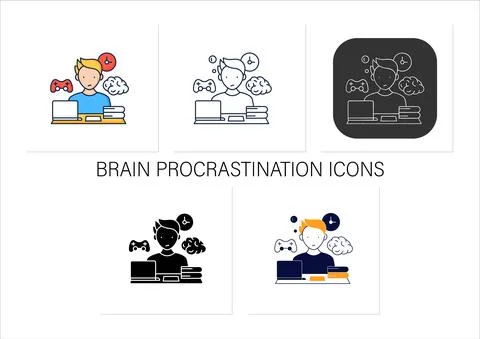 Brain procrastination icons set Stock Illustration