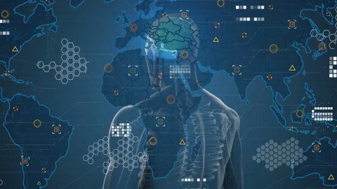 Brain pulsing activating skeleton rotating head, torso while data nodes Stock Footage 313094573