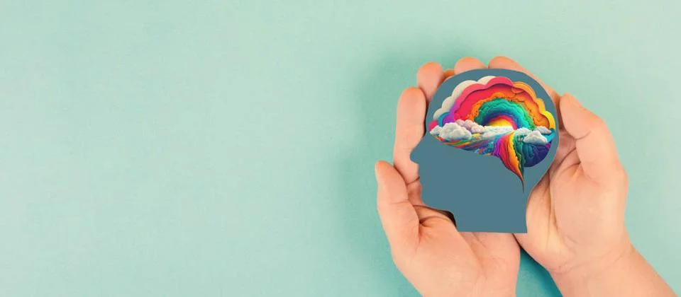 Brain with rainbow cloud, creativity explosion of ideas, positive thinking... Stock Photos