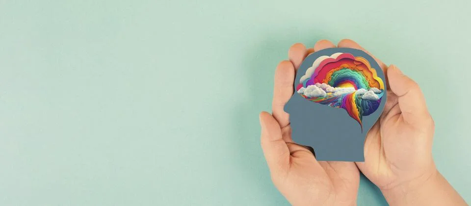 Brain with rainbow cloud, creativity explosion of ideas, positive thinking mind, Stock Photos