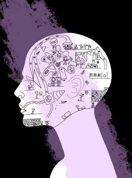 Brain with random thoughts.Illustration of the processes in our brain. Stock Illustration