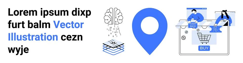 Brain representing AI, data layers, location pin, and online shopping scene w Stock Illustration