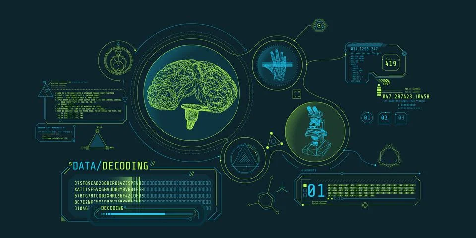 Brain research futuristic interface screen with data decoding. Stock Illustration