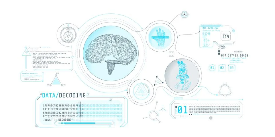 Brain research futuristic interface screen with data decoding. Illustration