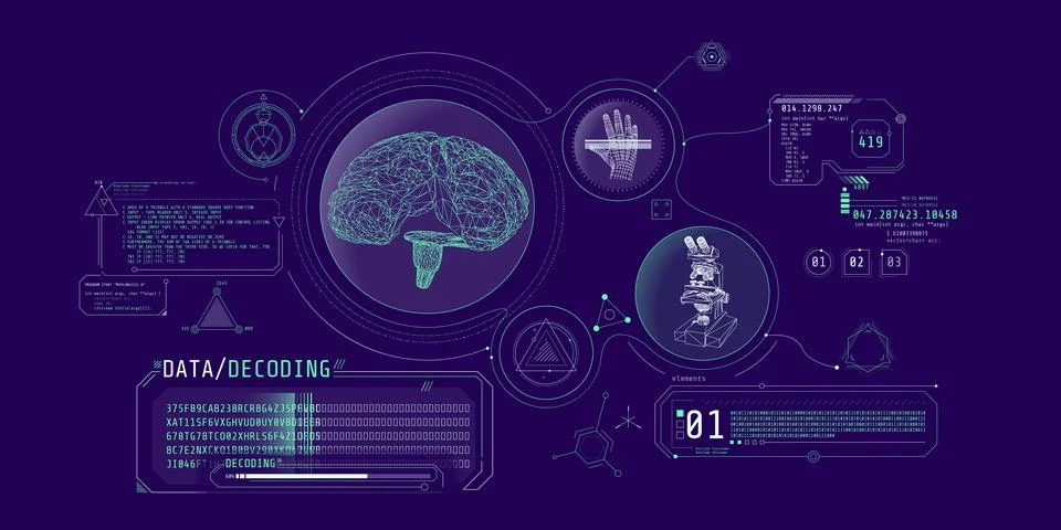 Brain research futuristic interface screen with data decoding. Stock Illustration