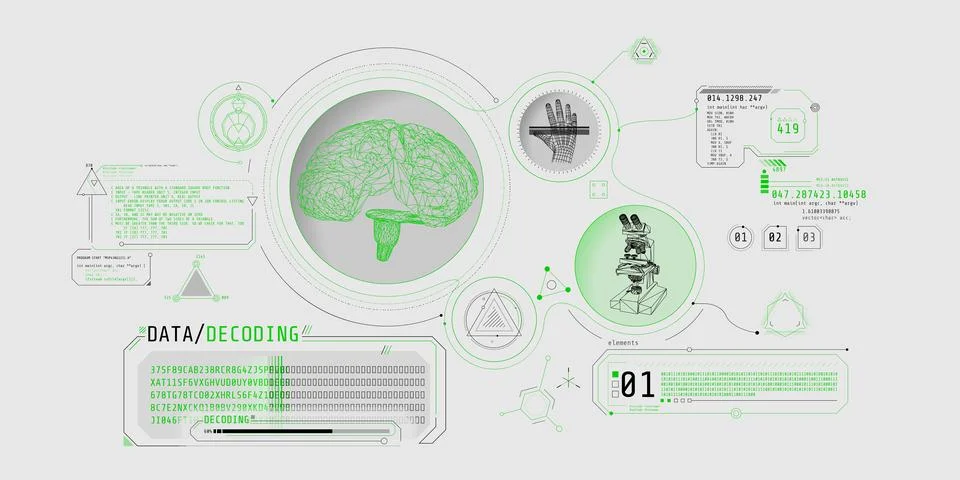 Brain research futuristic interface screen with data decoding. Illustration