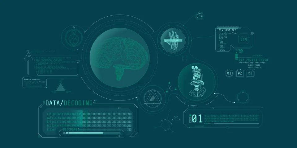 Brain research futuristic interface screen with data decoding. Stock Illustration