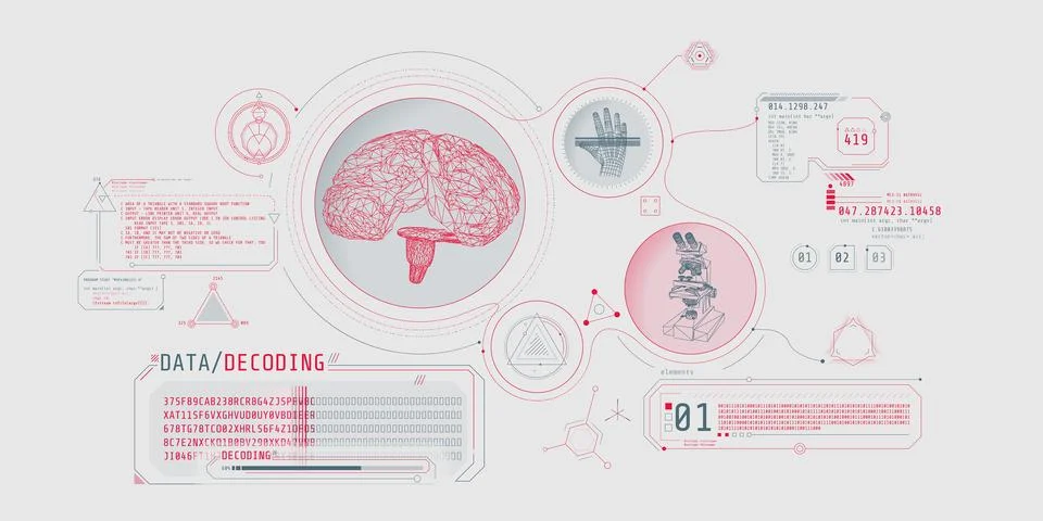 Brain research futuristic interface screen with data decoding. Illustrazione stock
