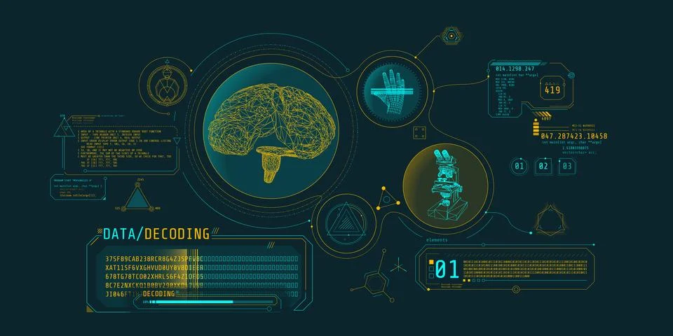 Brain research futuristic interface screen with data decoding. Stock Illustration