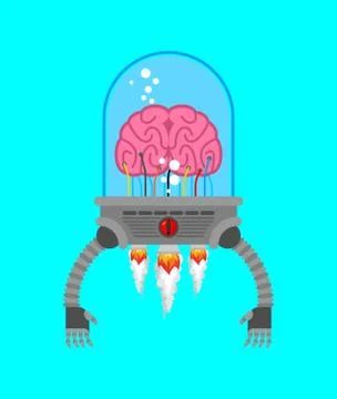 Brain with robot hands. Artificial intelligence with human organs. Technology Stock Illustration