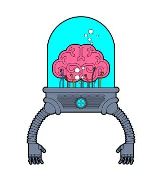 Brain with robot hands. Artificial intelligence with human organs. Technology Stock Illustration