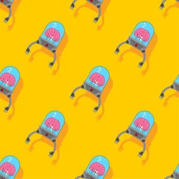 Brain with robot hands pattern seamless. Artificial intelligence with human o Stock Illustration