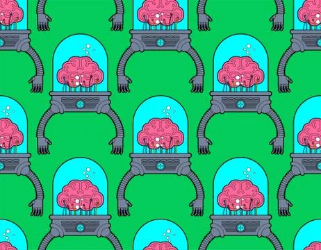 Brain with robot hands pattern seamless. Artificial intelligence with human o Stock Illustration