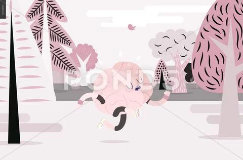 Brain running in the forest, white and pink version Stock Illustration