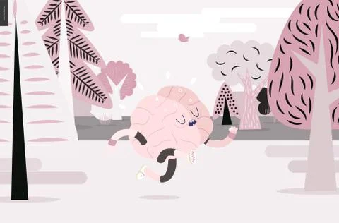 Brain running in the forest, white and pink version Stock Illustration