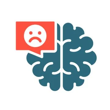 Brain with sad face in chat bubble colored icon. Diseased internal organ, the Stock Illustration