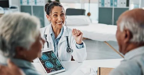 Brain scan, old couple and tablet screen with smile of doctor in hospital f.. Stock Photos