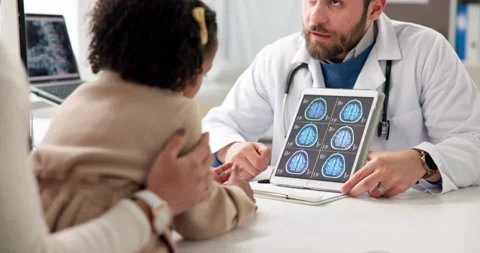 Brain, scan or doctor with child on tablet for consulting, diagnosis or Видео 314886046