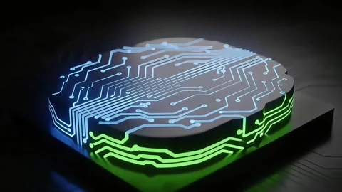 Brain-Shaped AI Chip with Minimal Glowing Circuit Design. Stock Footage 317275997