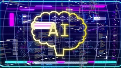 Brain-shaped AI icon glowing with chat panels sliding inward, streaming binary Stock Footage 334351911