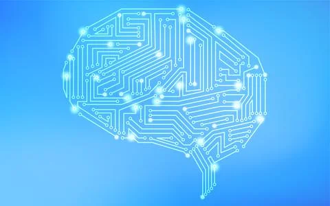 Brain-shaped electronic circuitry in the image of artificial intelligence (AI). Stock Illustration